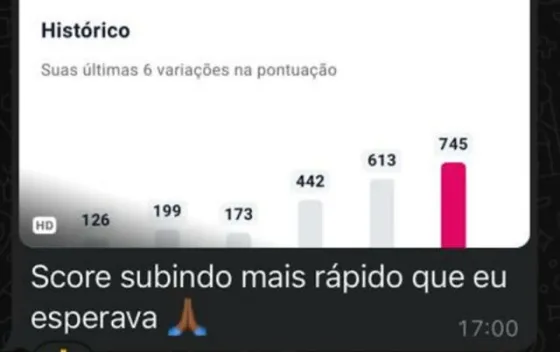 Histórico de score subindo de 126 para 745